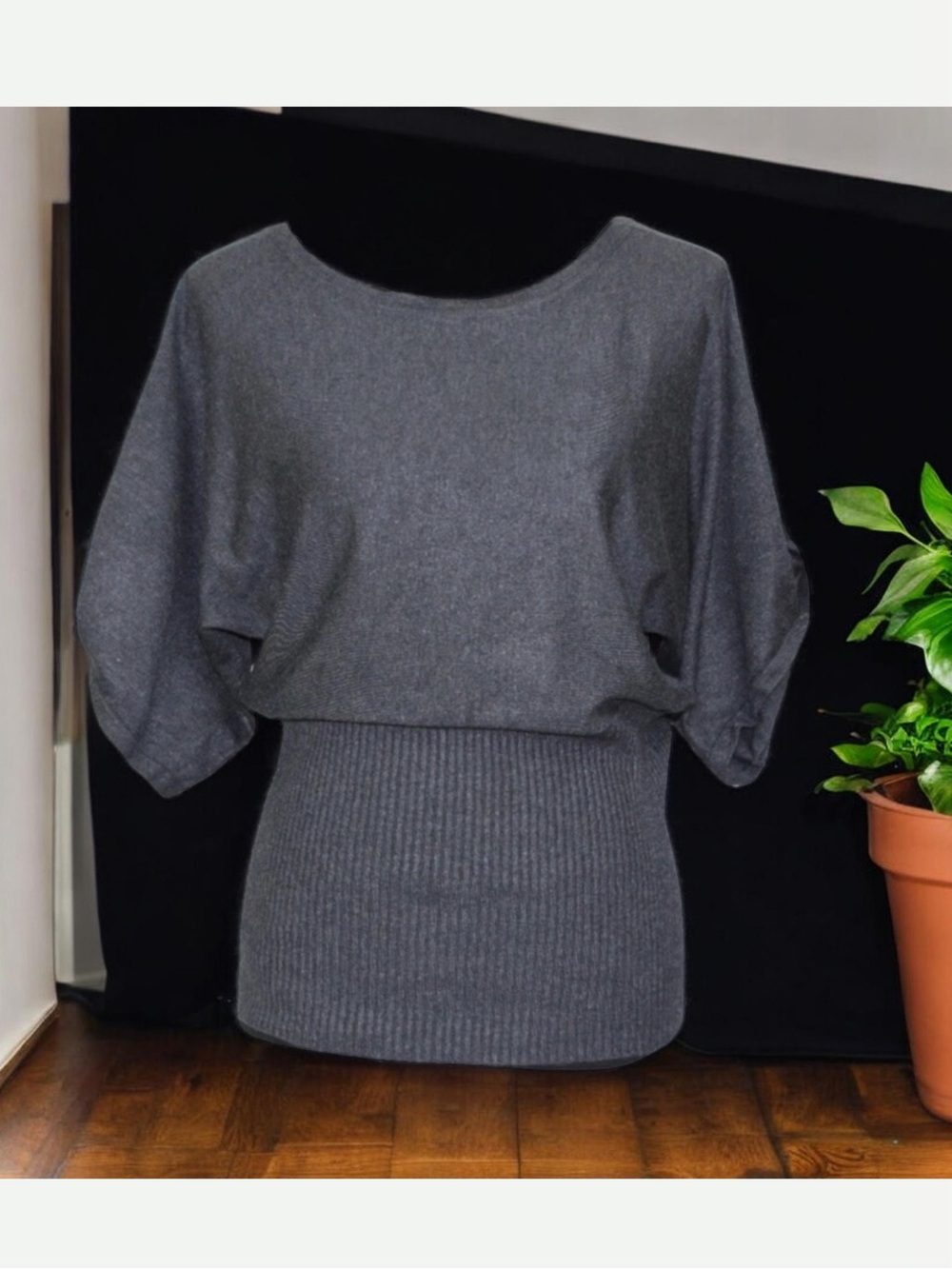 Cable&Gauge Grey Shortsleeve Knit Kimono sweater Zipper Sleeve- Ribbed Hem-SzM